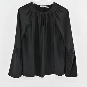 RAMY BROOK Womens Top Size S Black Smocked Keyhole Neck Lace Inset Detail Blouse